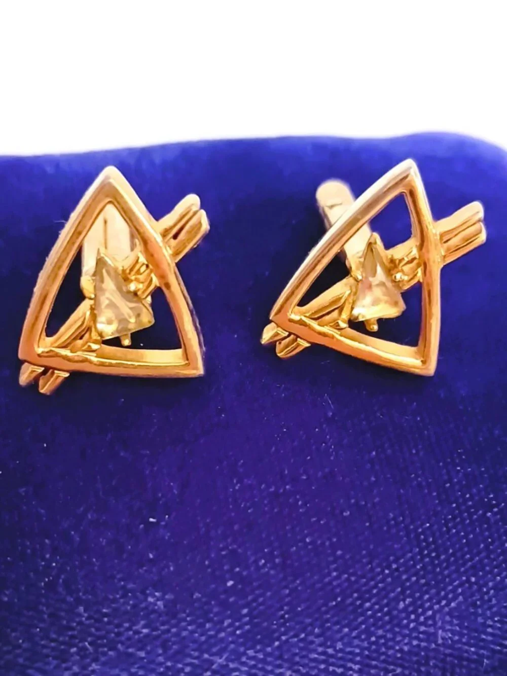 Vintage Swank Gold Triangle Cufflinks Open Work with Clear Stone